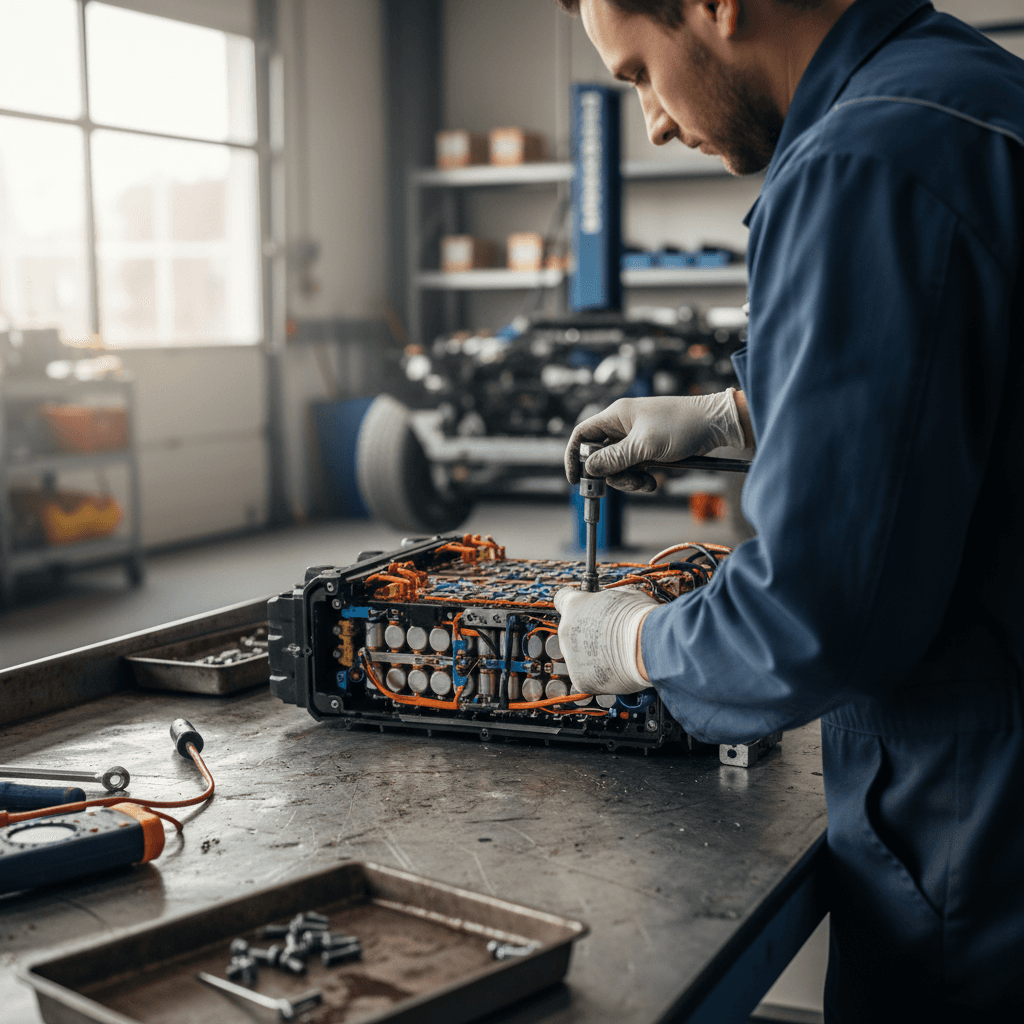 Technician in protective gear working on an electric vehicle battery pack in a workshop