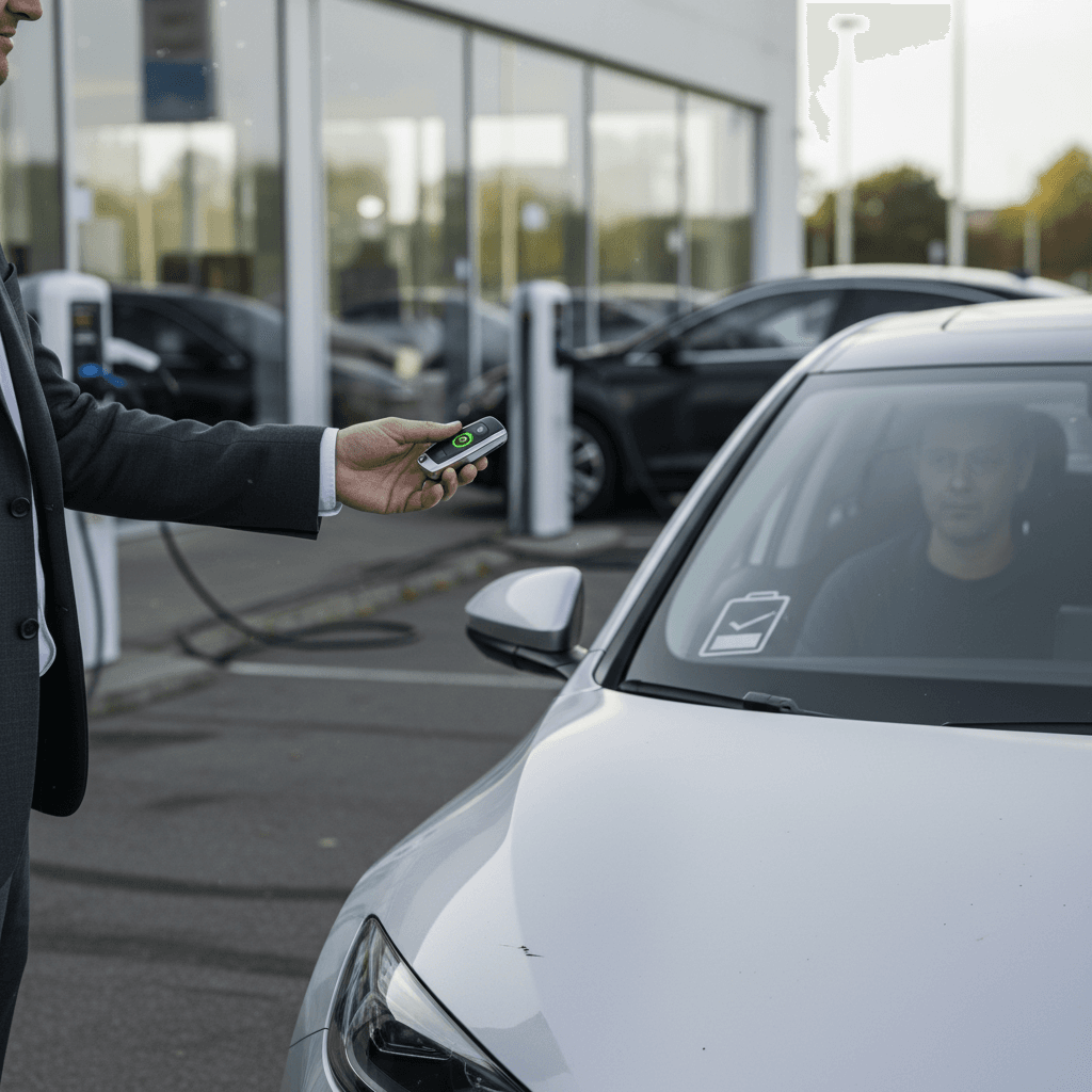Technician performing a certified inspection on an electric vehicle in a dealership service bay