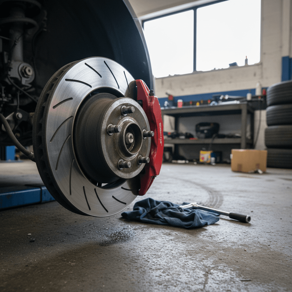 Closeup of a car bumper with collision damage waiting for auto body repair