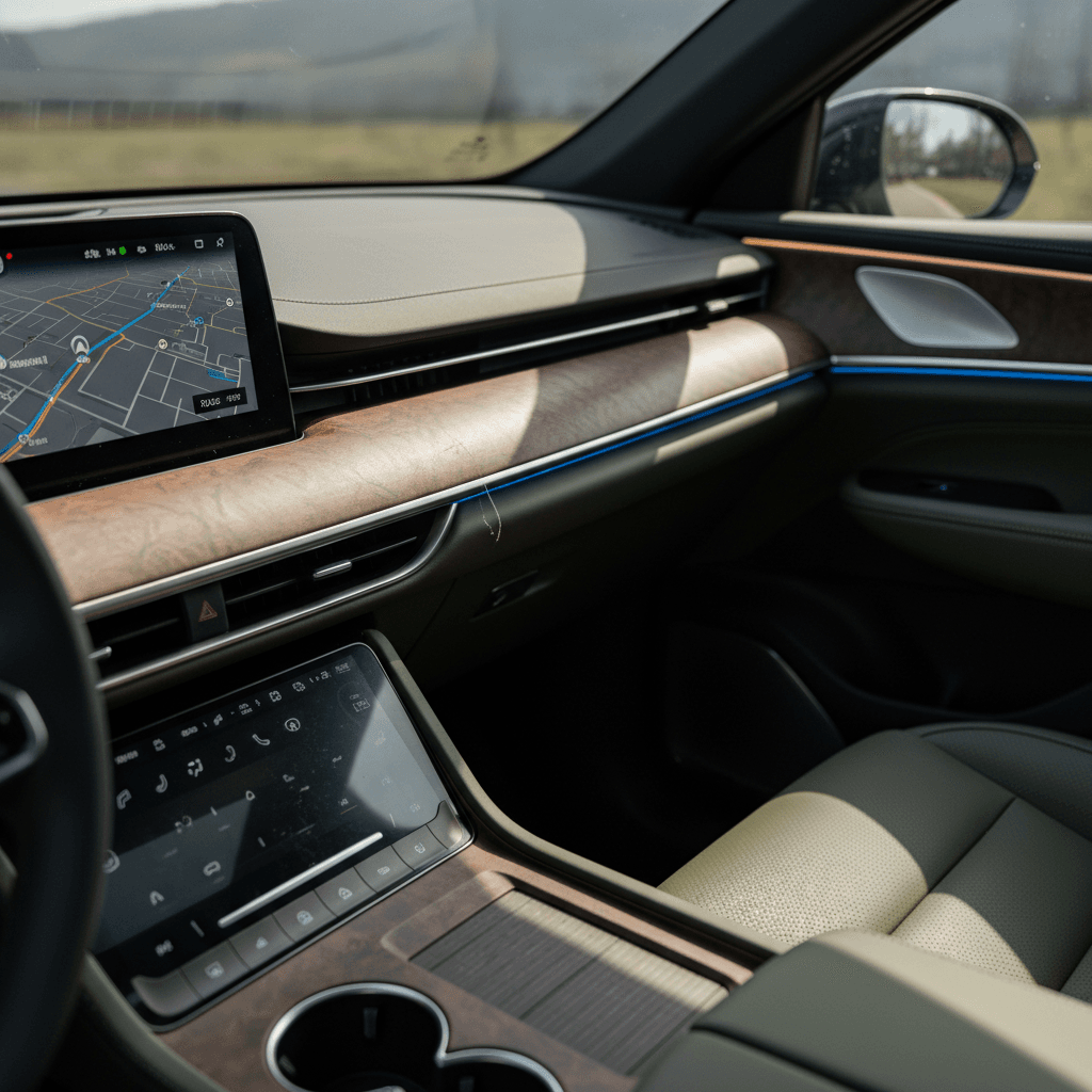 Luxurious electric SUV interior with ambient lighting and premium seats