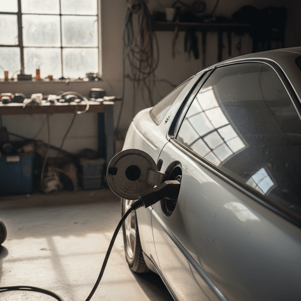 Red electric concept-style car displayed in a museum gallery, similar in spirit to the GM EV1