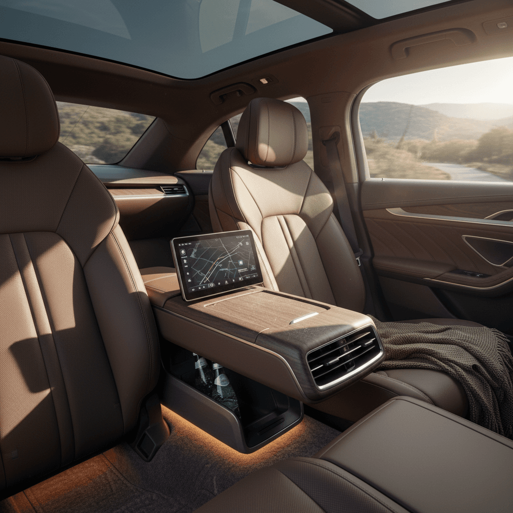 Luxurious rear-seat cabin of an executive electric sedan, similar in class to the Nio ET9