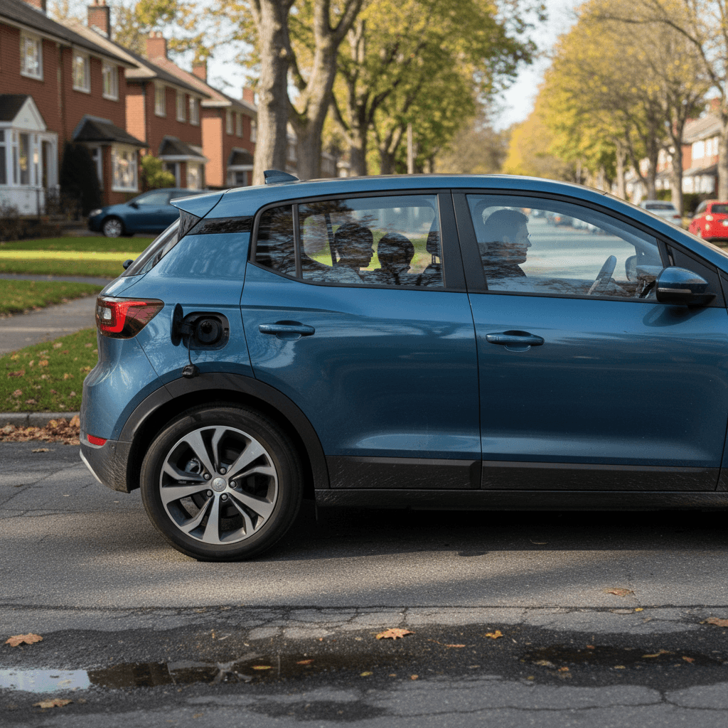 Affordable compact sedan driving down an urban street, representing best inexpensive cars