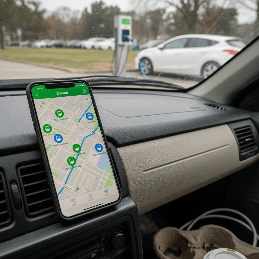 Row of electric vehicle chargers in a shopping center parking lot