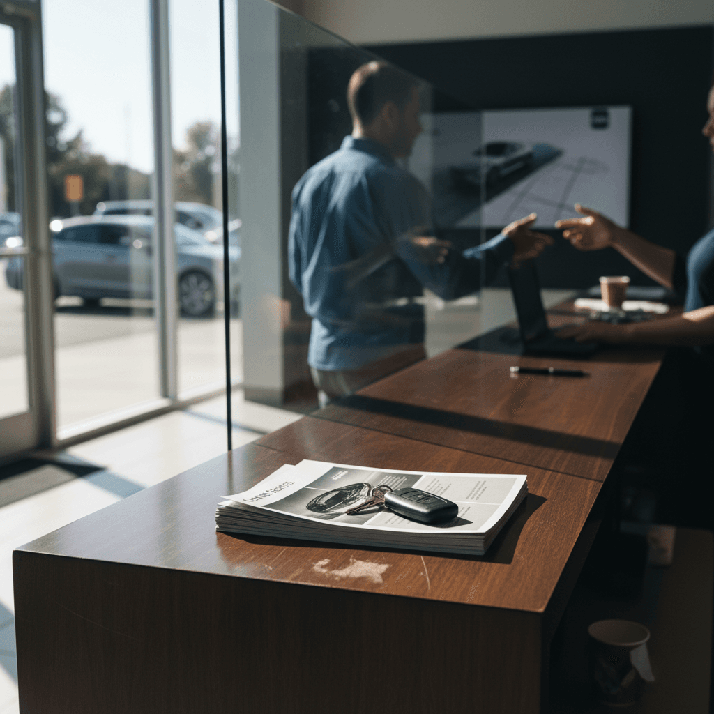 Customer signing a vehicle rental agreement at a dealership counter