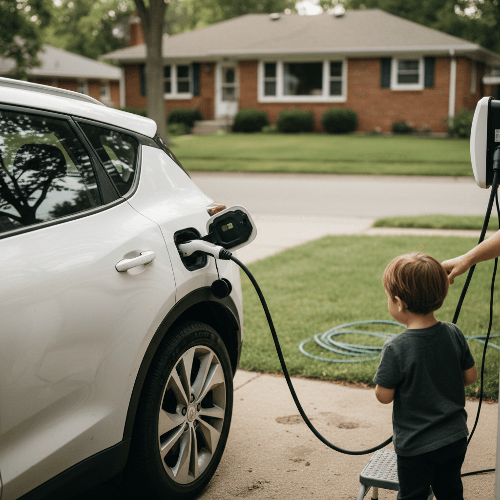 Family standing beside a used electric car parked in a suburban driveway