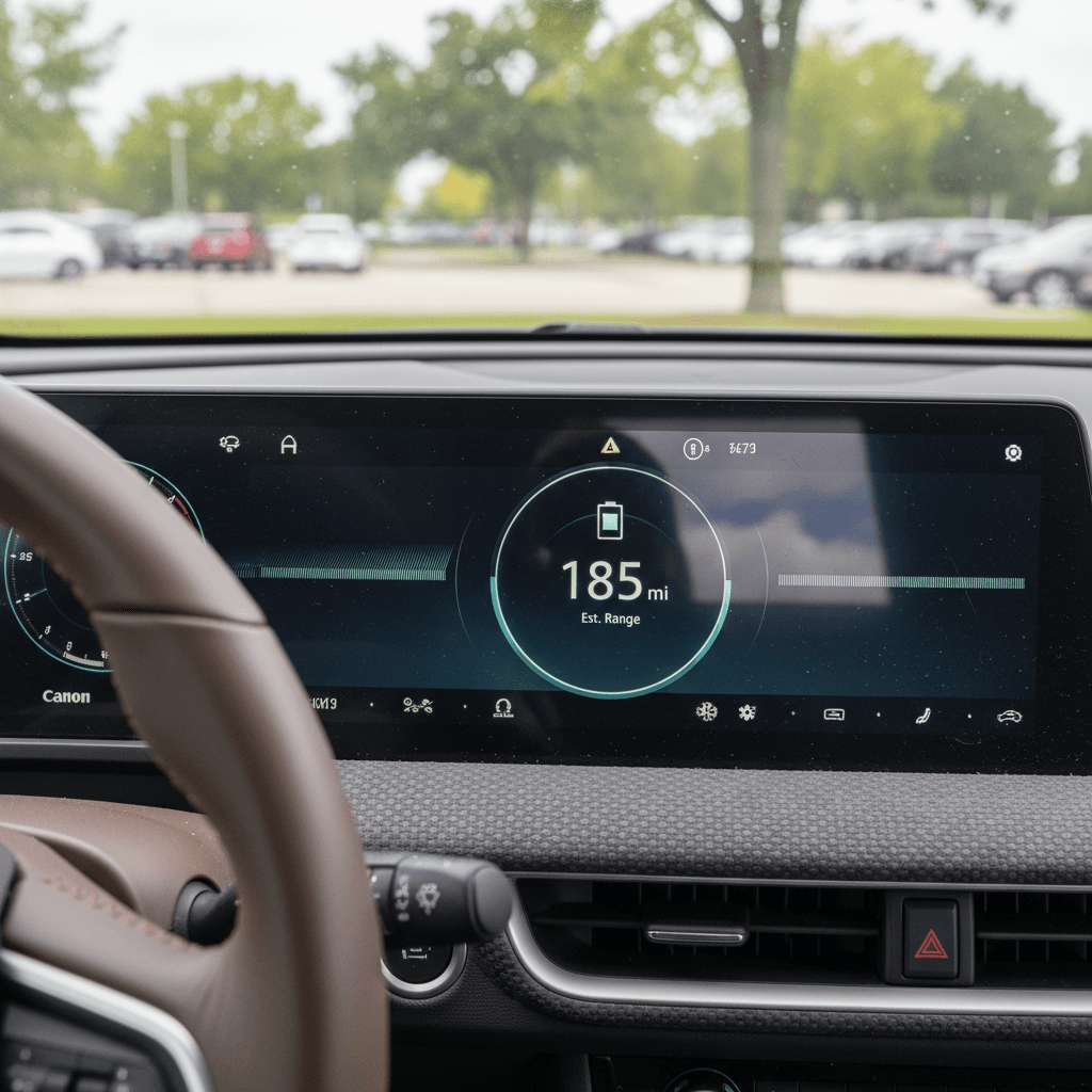 Electric car dashboard showing remaining range and battery status