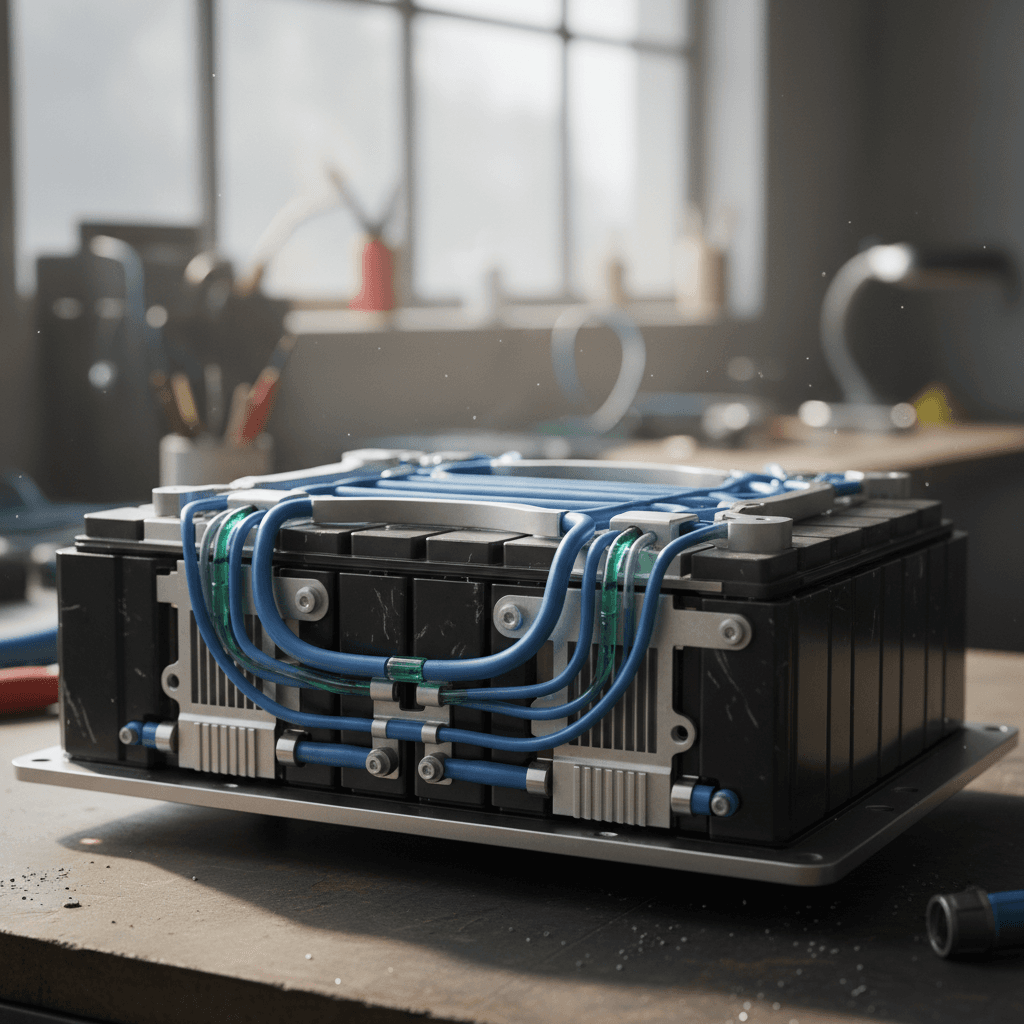 Closeup of an electric vehicle cooling system with coolant lines and components.