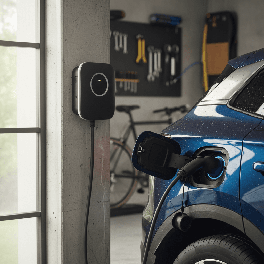 Row of used electric sedans lined up on a dealership lot