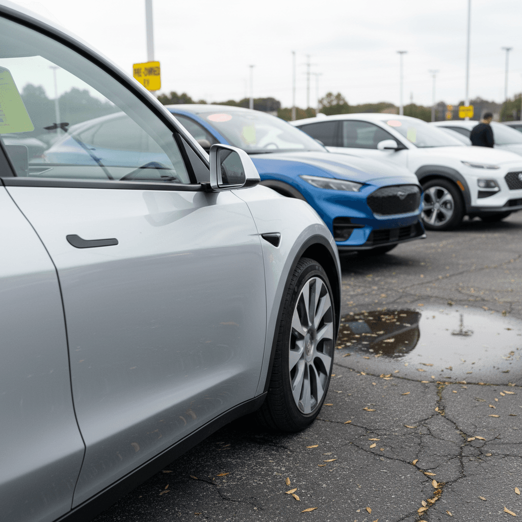 Technician reading an EV battery health diagnostic on a tablet next to an electric SUV