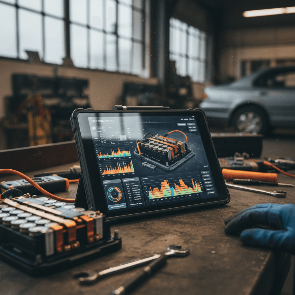 Technician reviewing an EV battery health diagnostic report on a tablet next to a vehicle