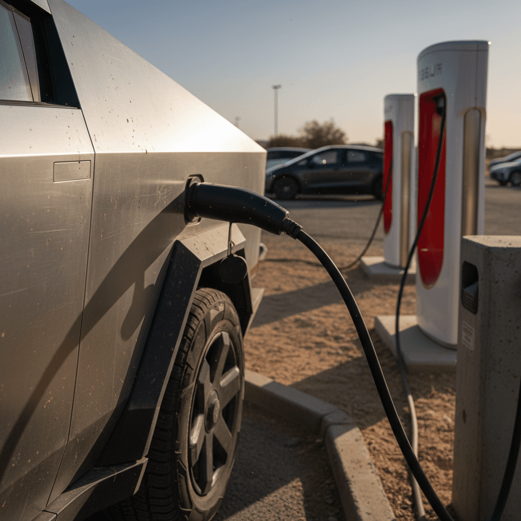 Tesla Cybertruck driving through a city street showing its stainless steel body and sharp edges