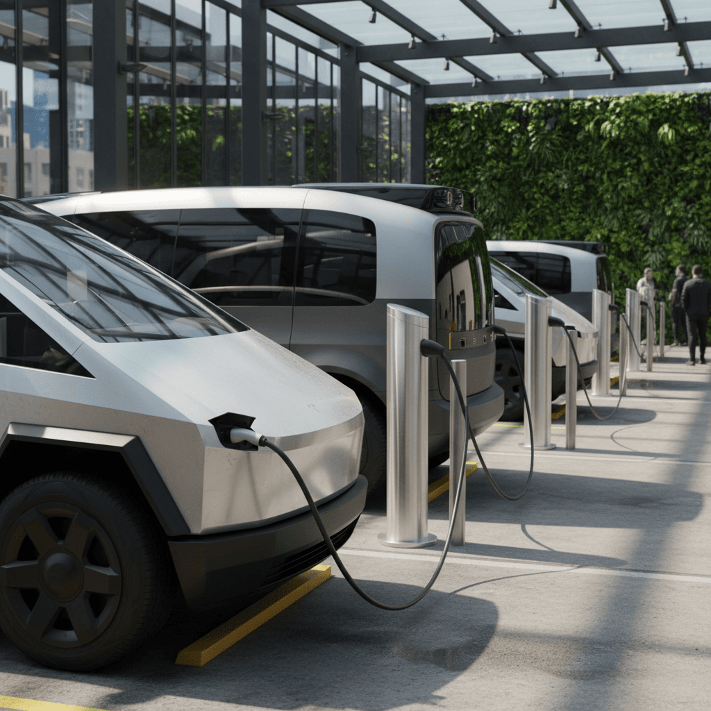 Line of Tesla electric vehicles charging at a Supercharger station at dusk