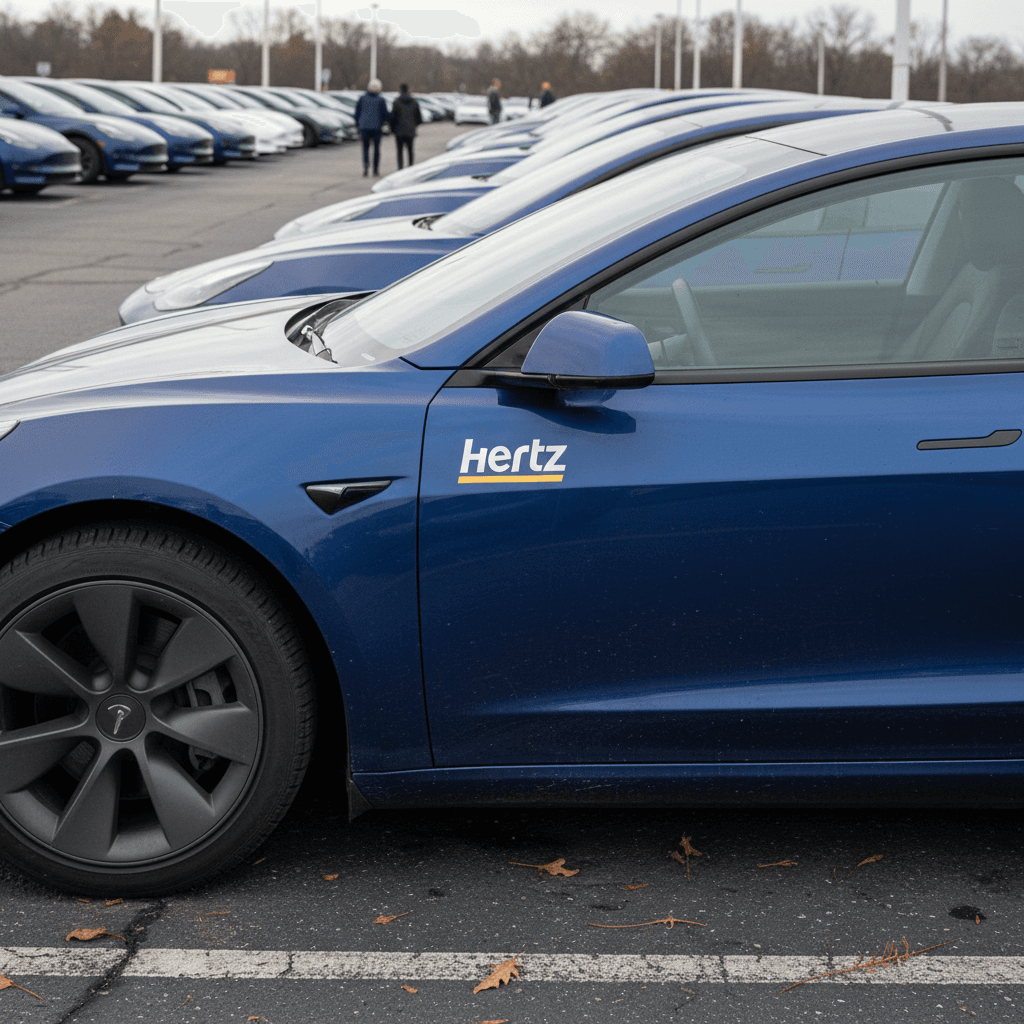 Several Tesla vehicles lined up for sale on a lot, similar to ex‑rental inventory from Hertz