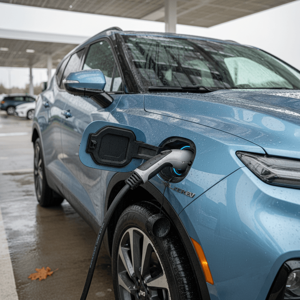 Chevrolet electric SUV parked on a city street, similar in size to common hybrid SUVs