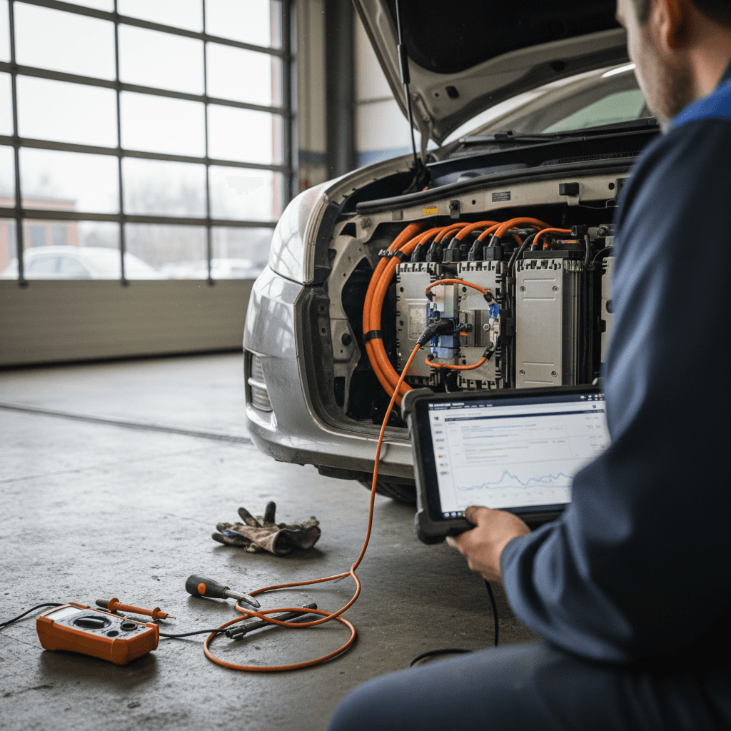 Mechanic using a laptop to diagnose a hybrid car in a service bay