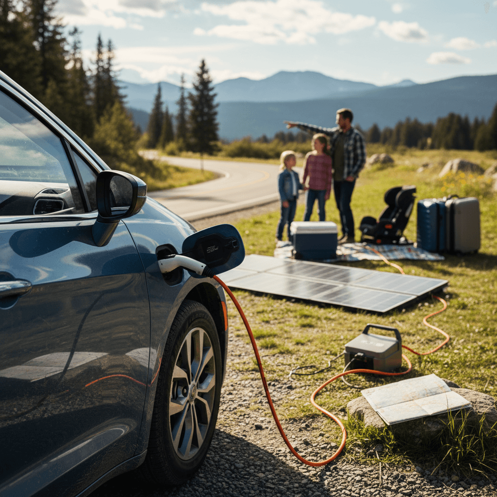 Family loading luggage into a modern minivan on a road trip, illustrating Chrysler plug-in hybrid use