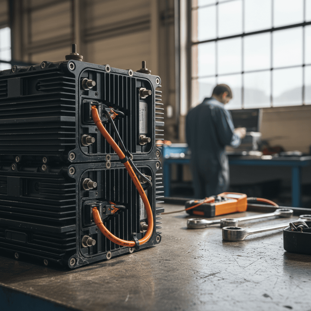 Technician reviewing a Tesla Model X battery health report on a tablet next to the vehicle
