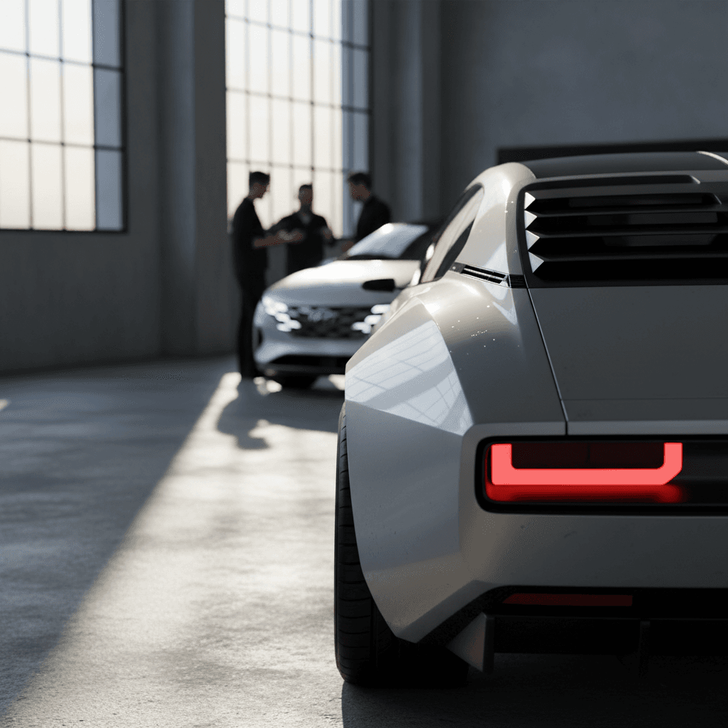 Low retro‑futuristic electric sports car concept in a studio with dramatic lighting