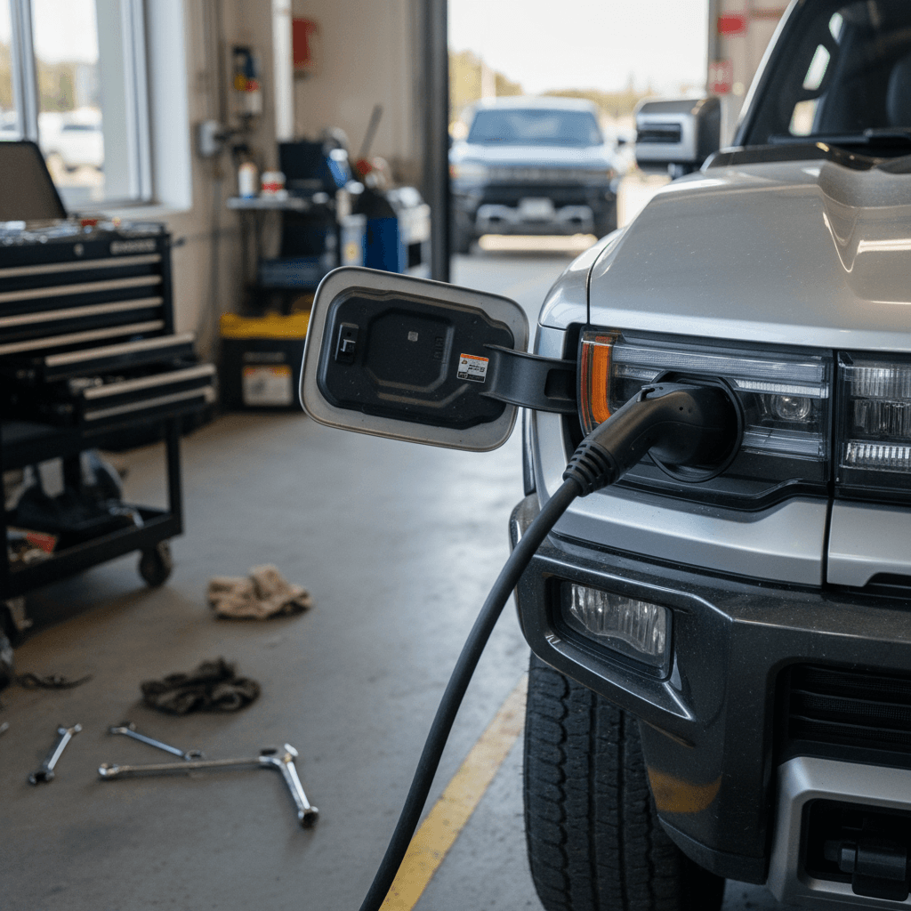 Close-up of a GMC Hummer EV charging with dashboard showing range and warning lights