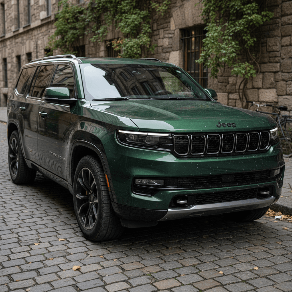 Front three‑quarter view of a Jeep Wagoneer S electric SUV parked by a charging station
