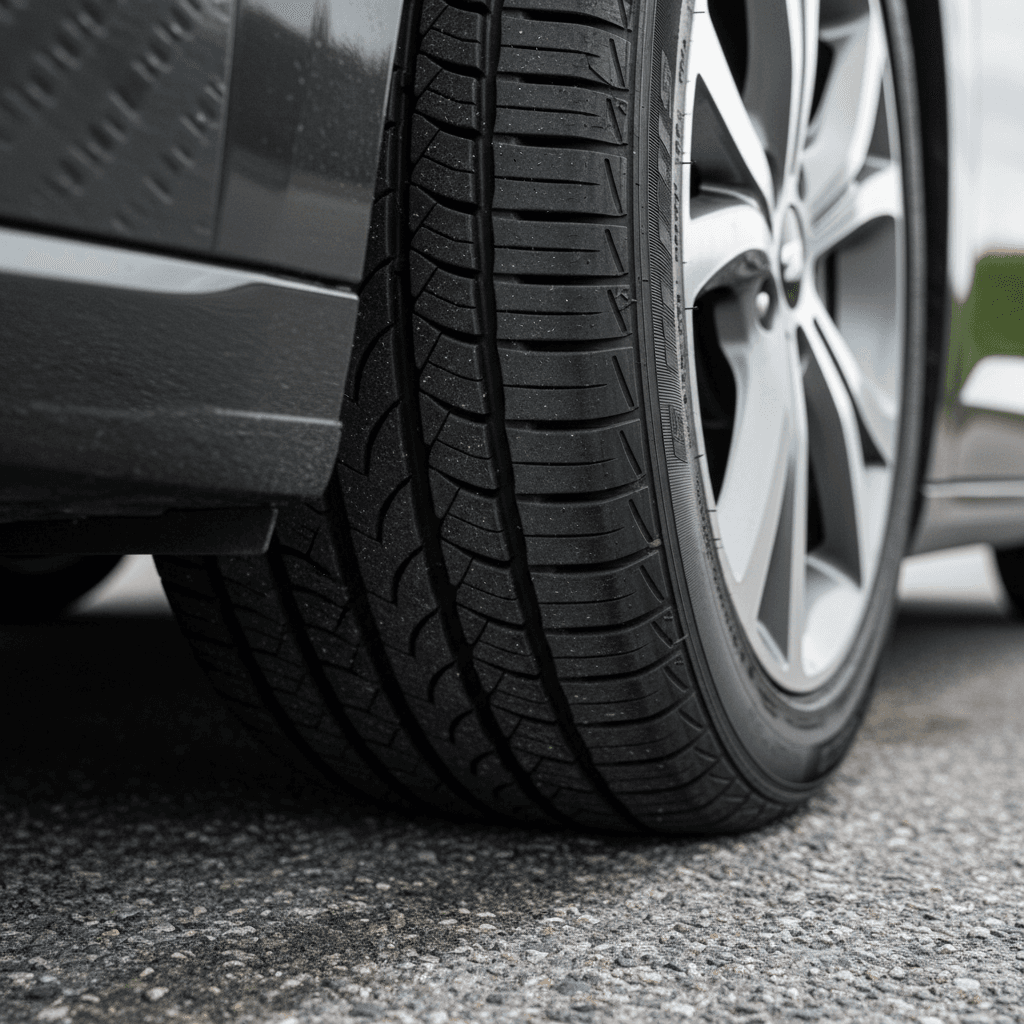 Closeup of an electric car’s tire driving on a wet road, showing tread contact with the surface