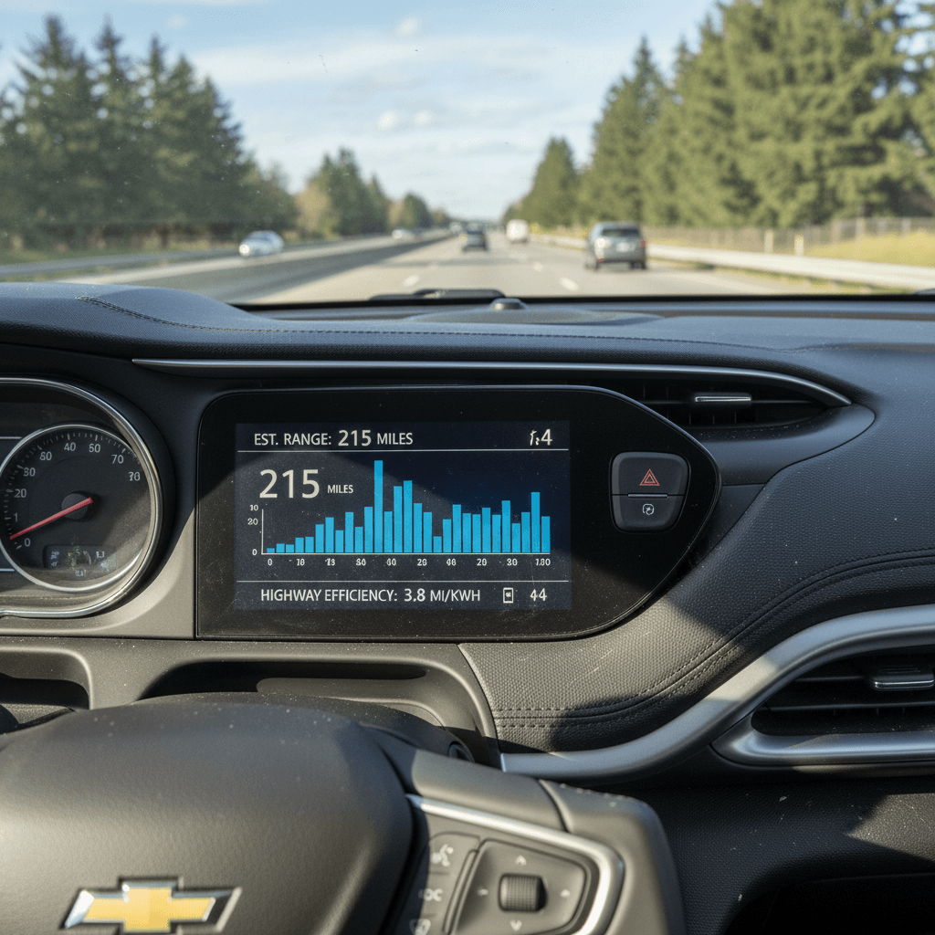Chevy Bolt EUV instrument cluster showing efficiency and remaining range while cruising on the highway