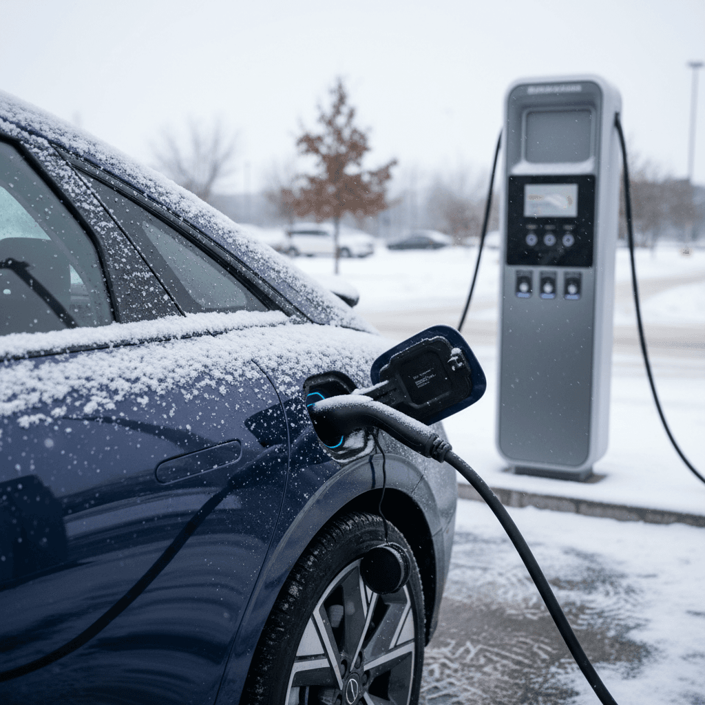 Hyundai Ioniq 6 plugged into a public charger in light snowfall, showing charging status on station screen