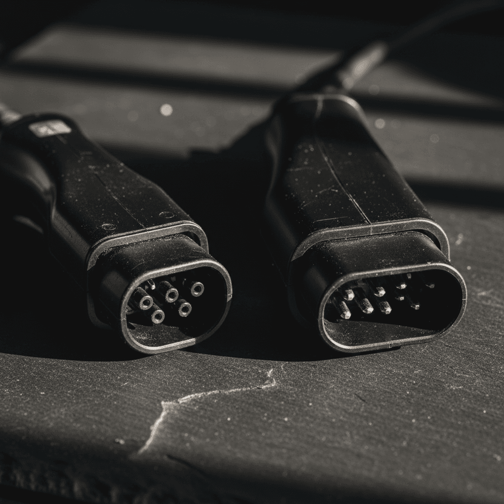 Close‑up comparison of CCS1 and CCS2 charging connectors showing upper AC section and lower DC pins