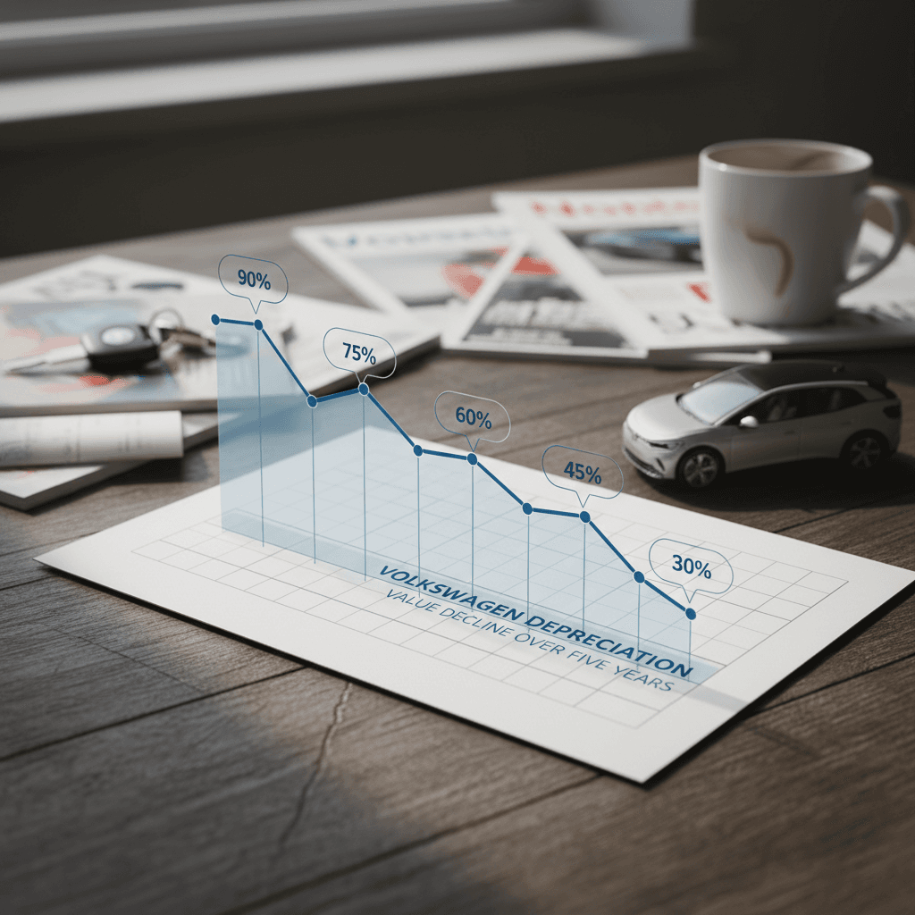 Illustrated value curve showing a Volkswagen ID.4 losing value quickly in the first 2 years, then flattening between years 3 and 5