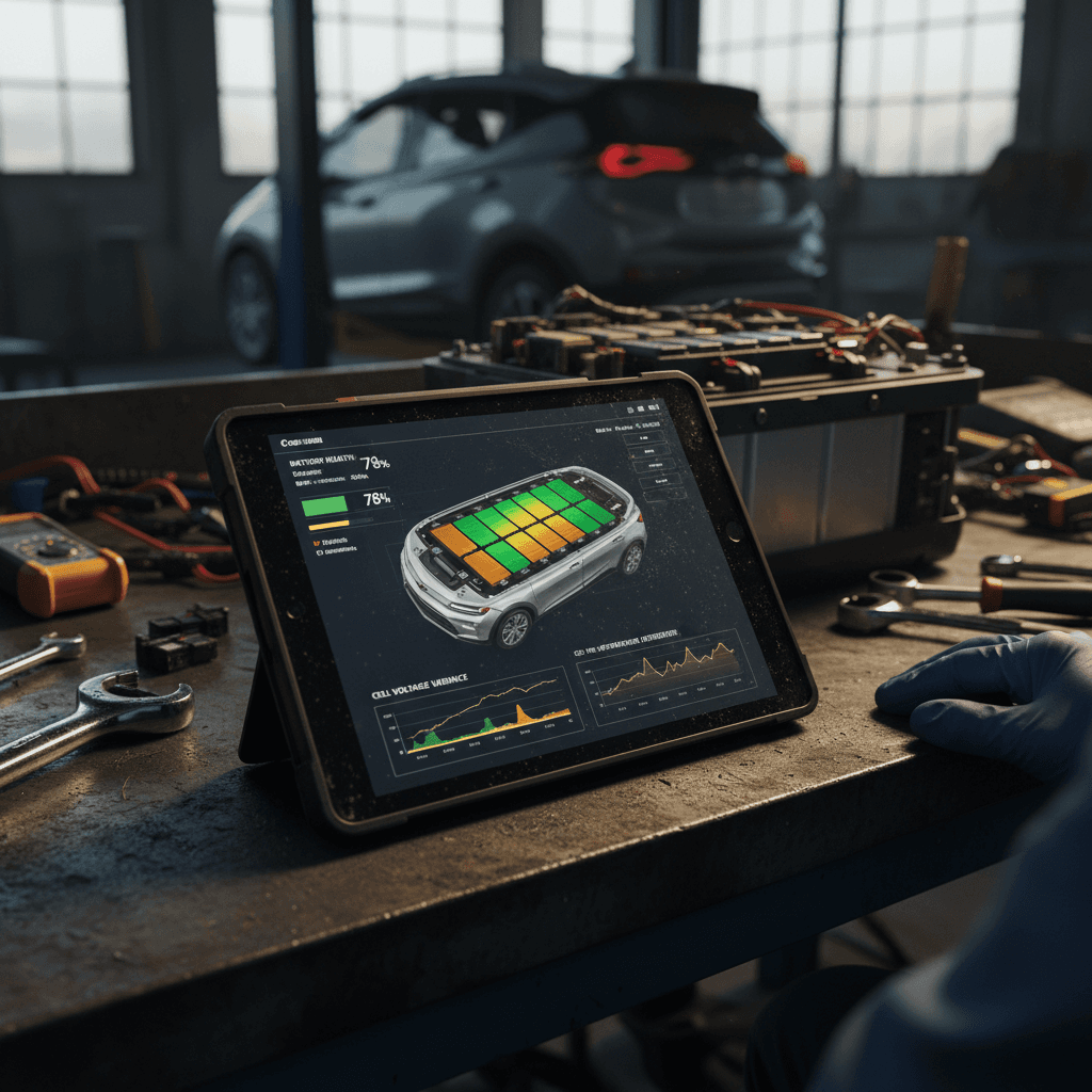 Technician using a diagnostic tablet to check an electric car’s high-voltage battery health