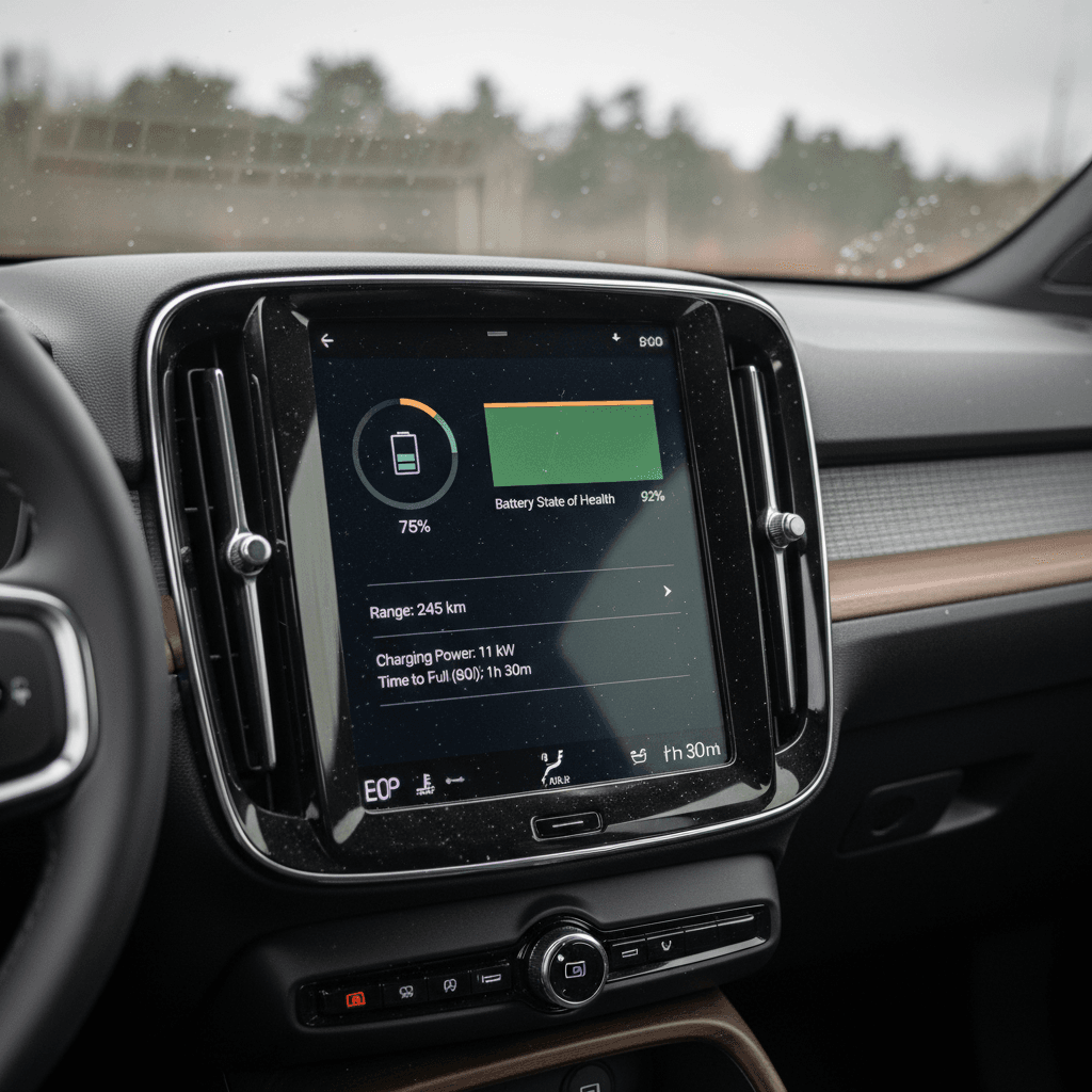 Volvo EX30 driver display showing battery health percentage and charge information while parked