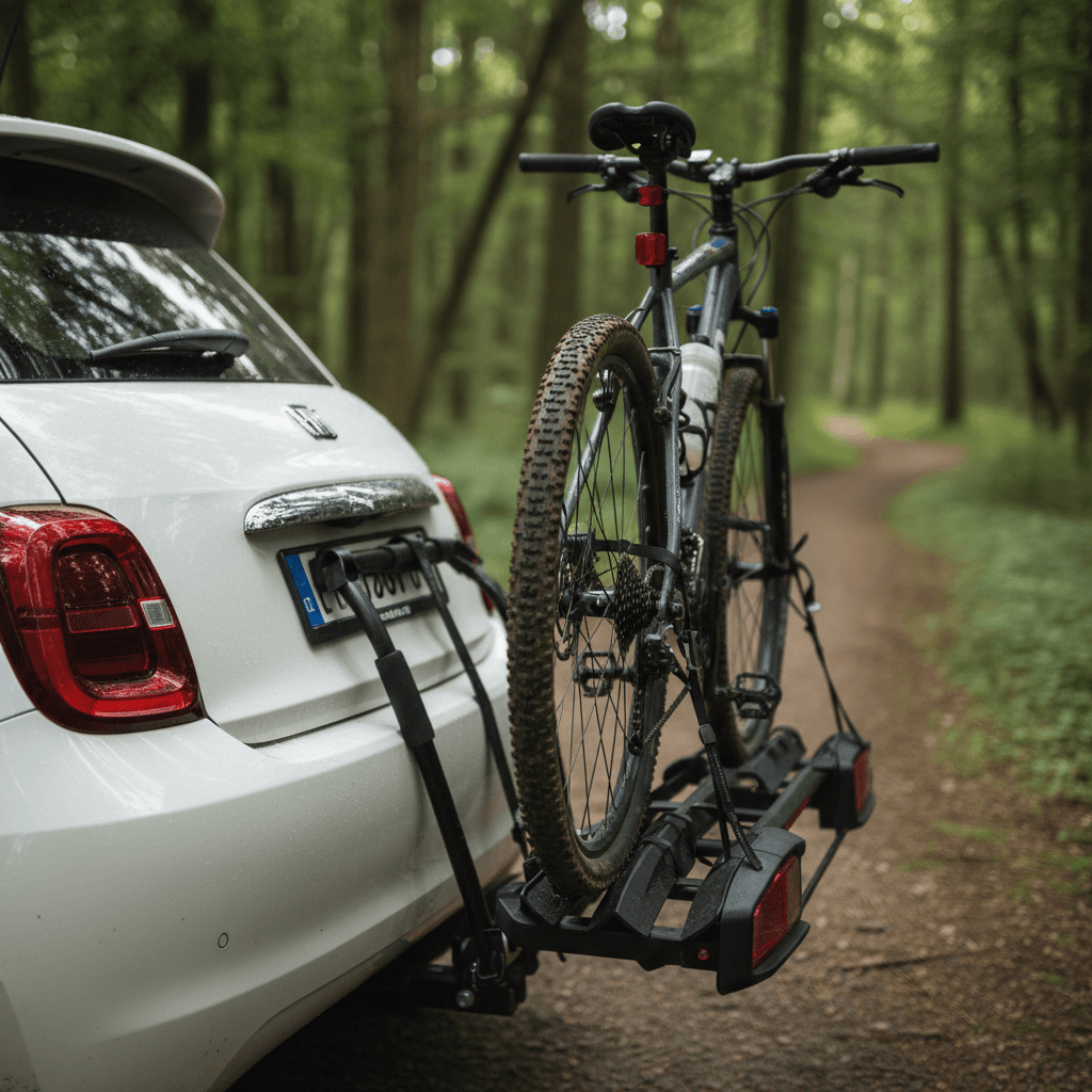 Compact electric hatchback with a two-bike platform-style hitch rack on the rear