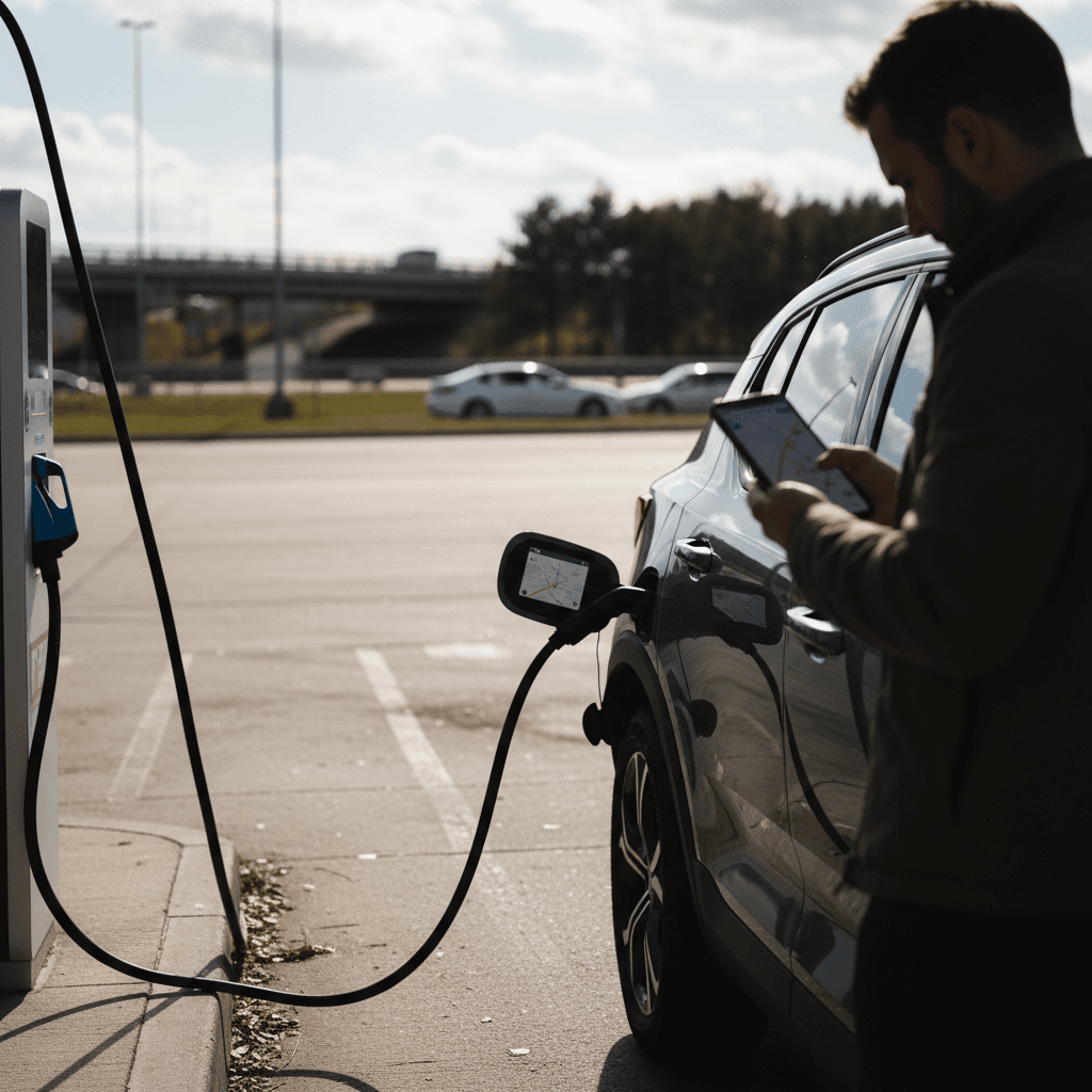 Volvo EX30 charging at a highway DC fast charger while the driver checks the next leg of their route on a phone