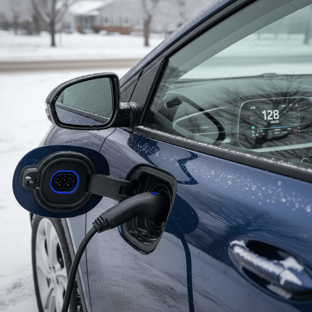 Chevy Bolt EUV charging in cold weather with reduced estimated range on the dashboard display