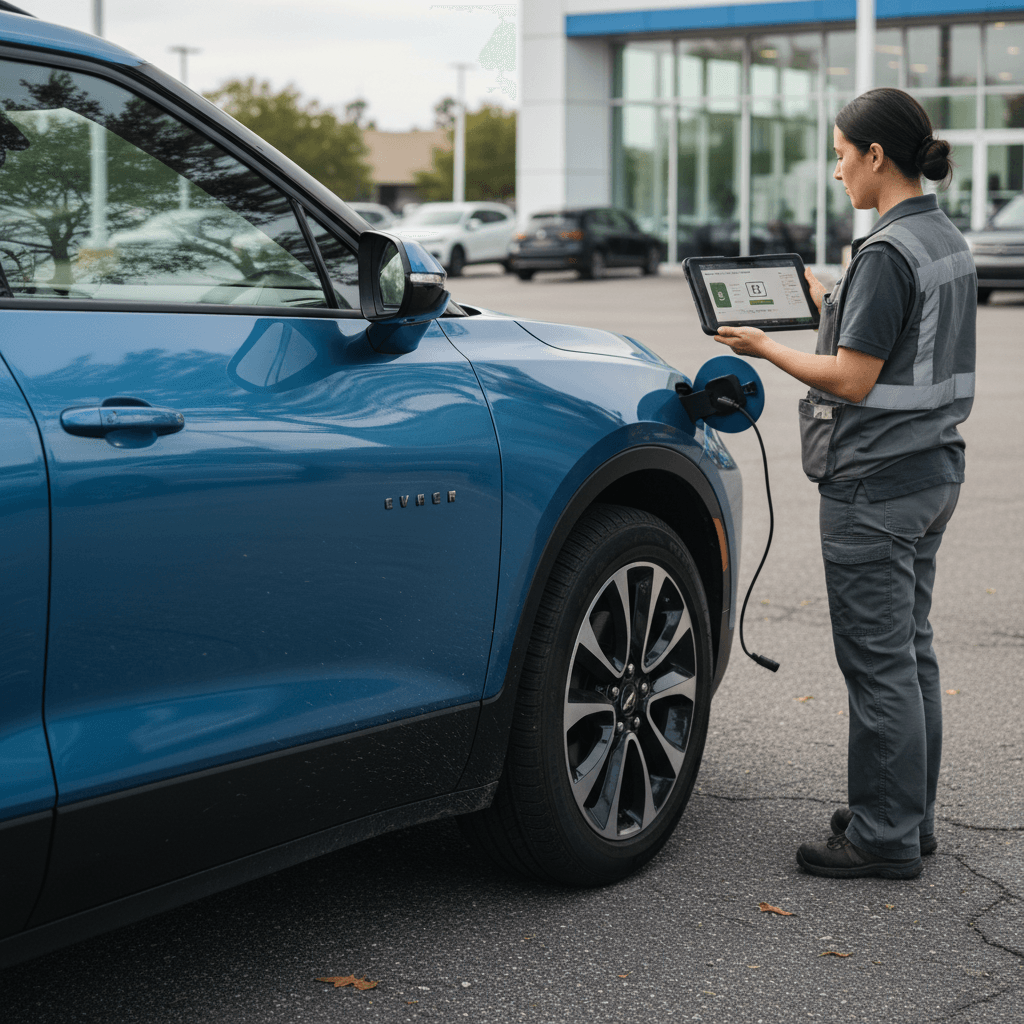 EV specialist inspecting a used Chevrolet Blazer EV at a dealership lot with a tablet to estimate resale value