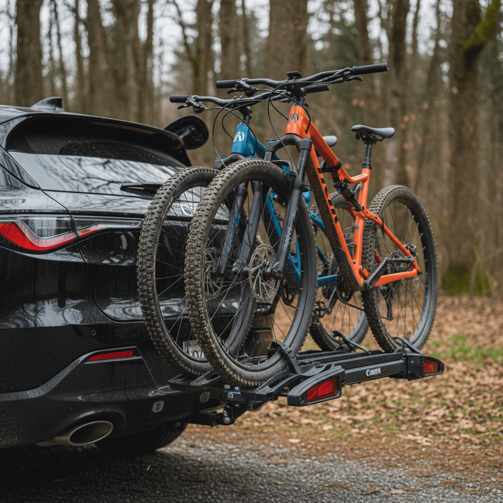 Hitch mounted platform bike rack carrying two bikes on an electric SUV
