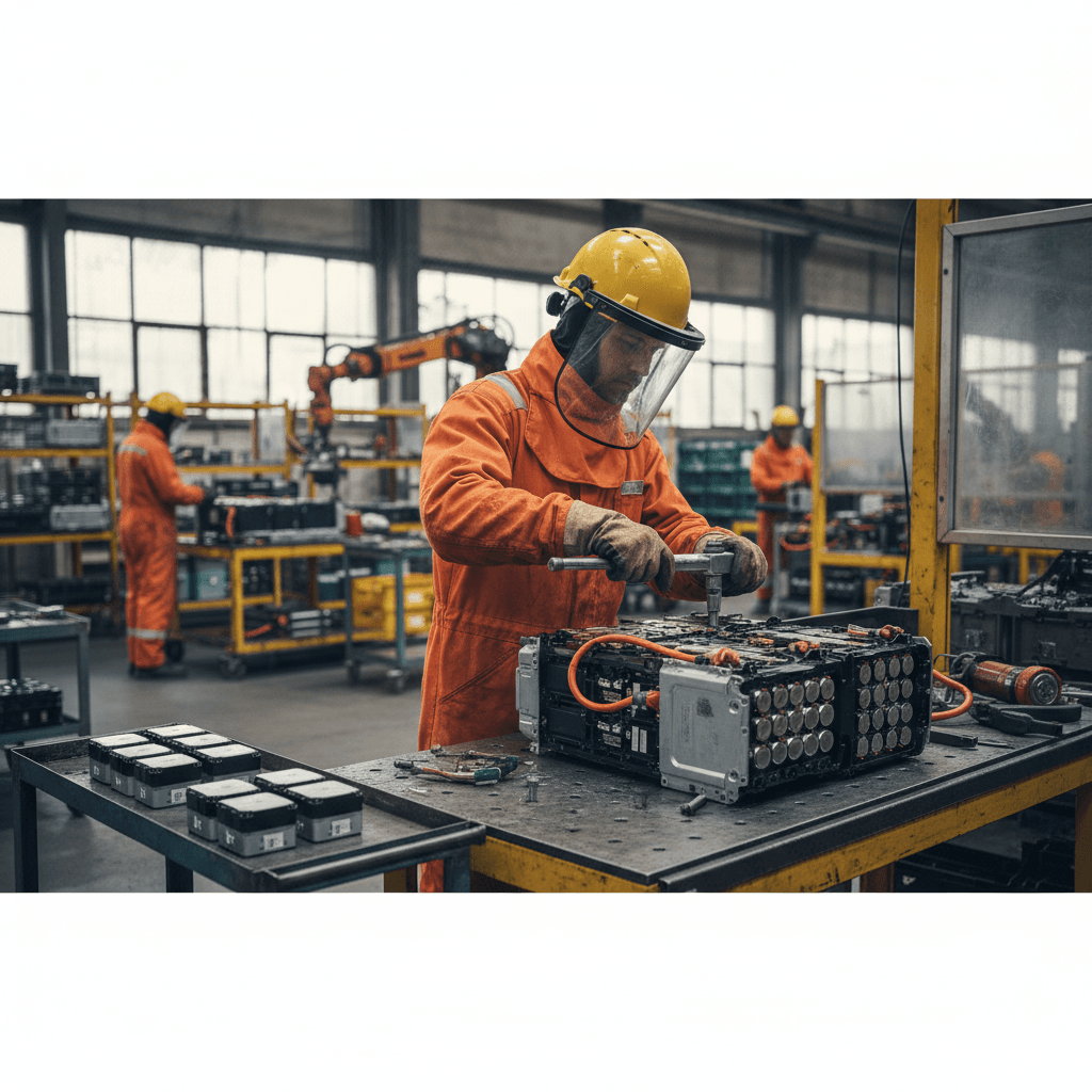 Technicians in protective gear disassembling an EV battery pack at a recycling facility