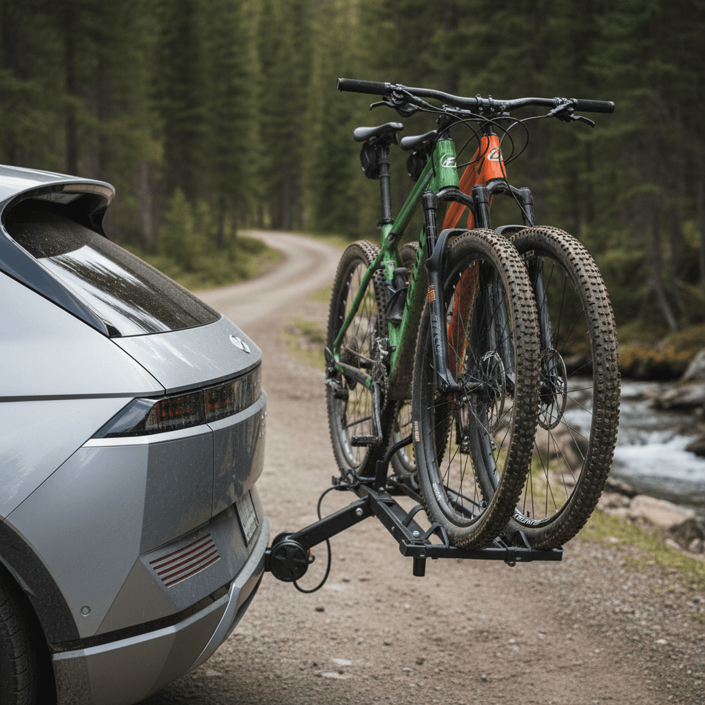 Hyundai Ioniq 5 with a compact two-bike hitch rack attached to a hidden receiver, parked in a driveway