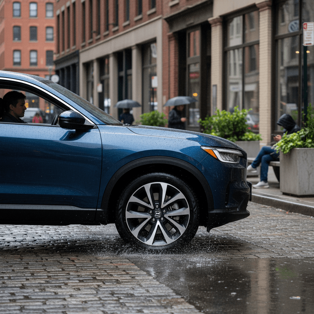 Honda Prologue electric SUV driving through a modern city street