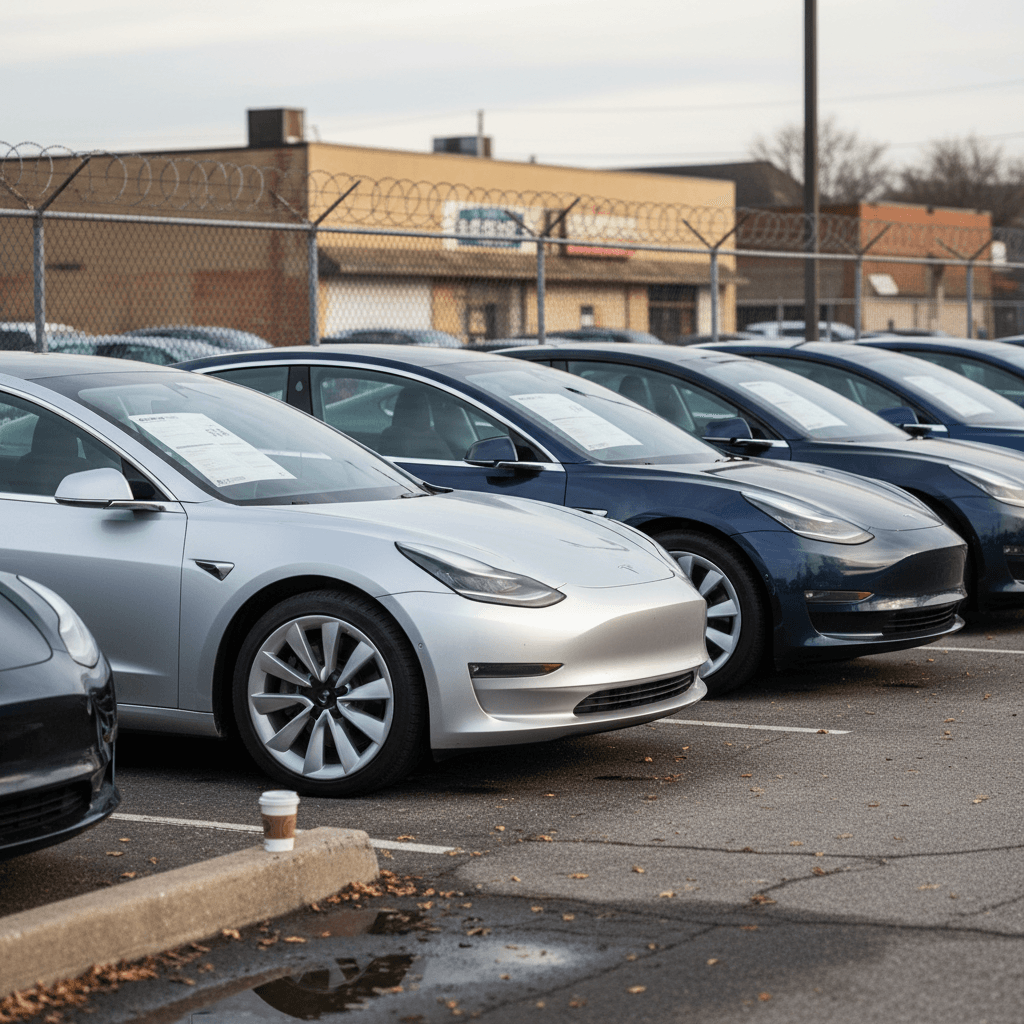Row of used Tesla Model 3 sedans on a sales lot with pricing stickers on the windshields