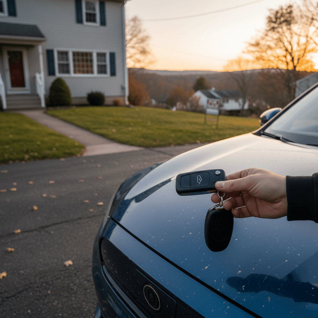 Seller handing car keys to a buyer in a New Jersey driveway after completing paperwork