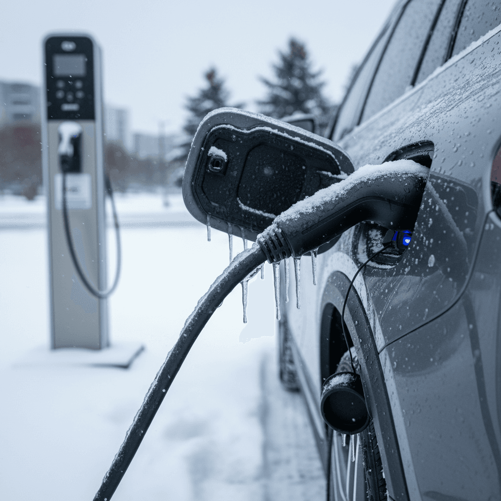 Mercedes EQB plugged into a DC fast charger at a snowy public charging station