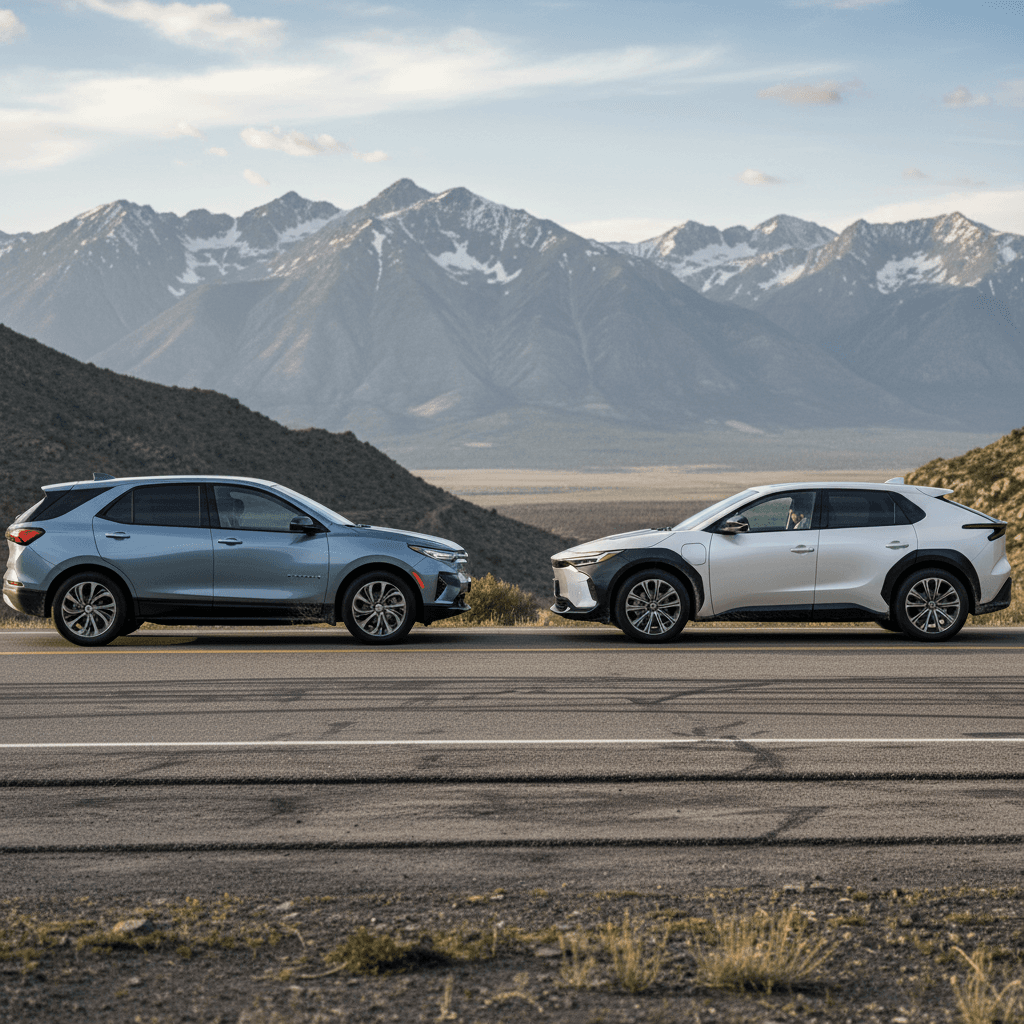 Side-by-side view of Chevy Equinox EV and Toyota bZ4X driving on a highway, highlighting their similar compact SUV size.