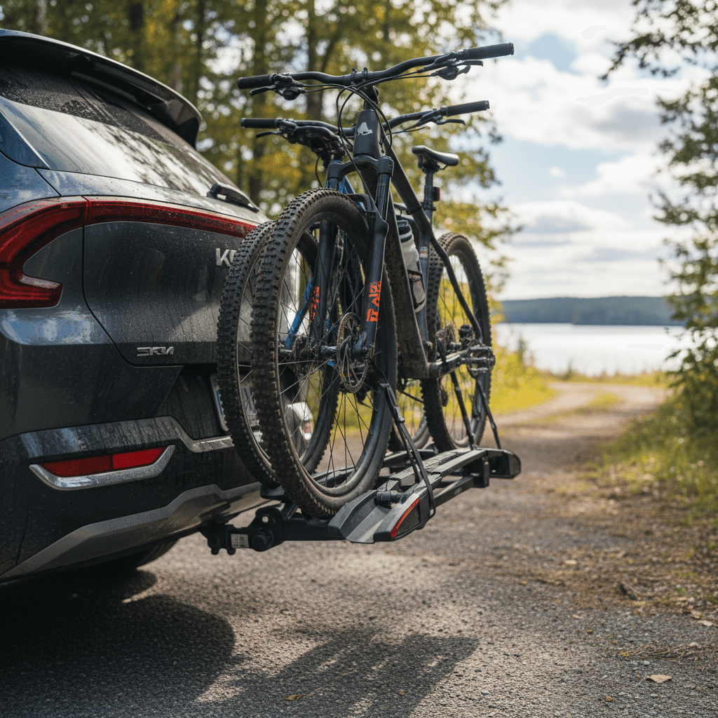 Kia EV9 with a platform-style hitch bike rack loaded with two mountain bikes on a residential street