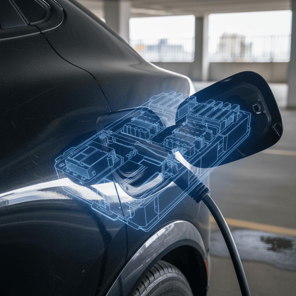 Ford Mustang Mach-E charging port and cable plugged in, with a stylized overlay hinting at the high-voltage battery pack underneath the floor