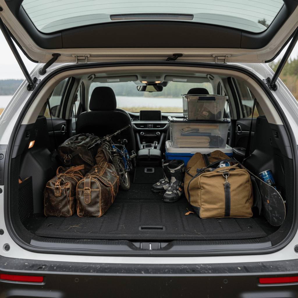 Spacious electric SUV cargo area with rear seats folded down and luggage loaded