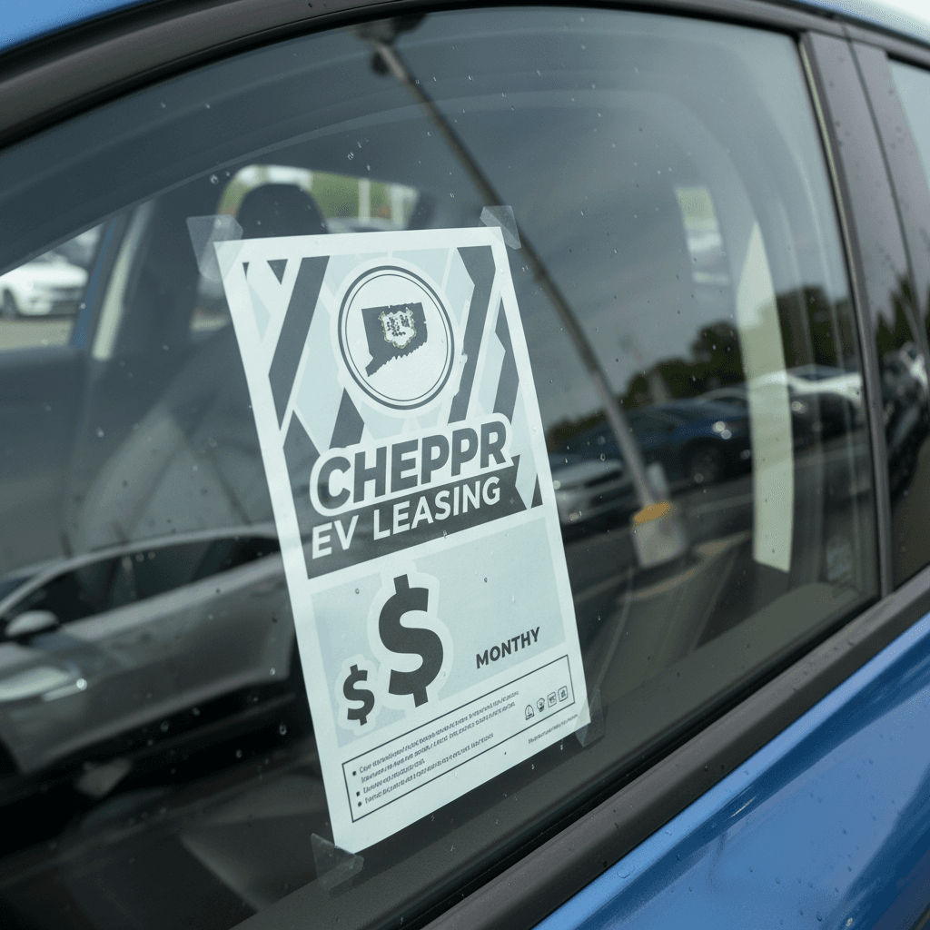 EV lease window sticker showing low advertised monthly payment at a Connecticut dealership