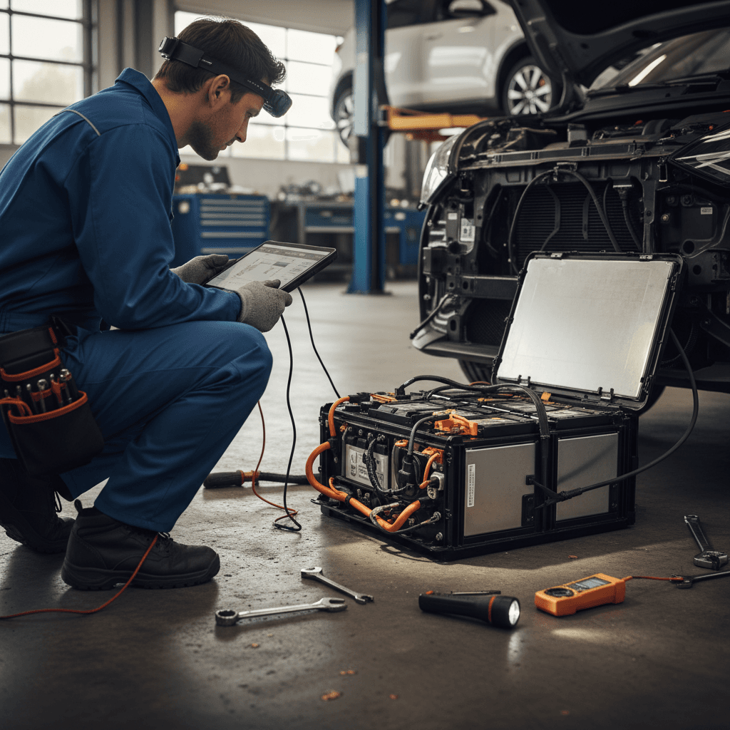 Technician inspecting the battery system of an electric car on a lift in a modern repair shop