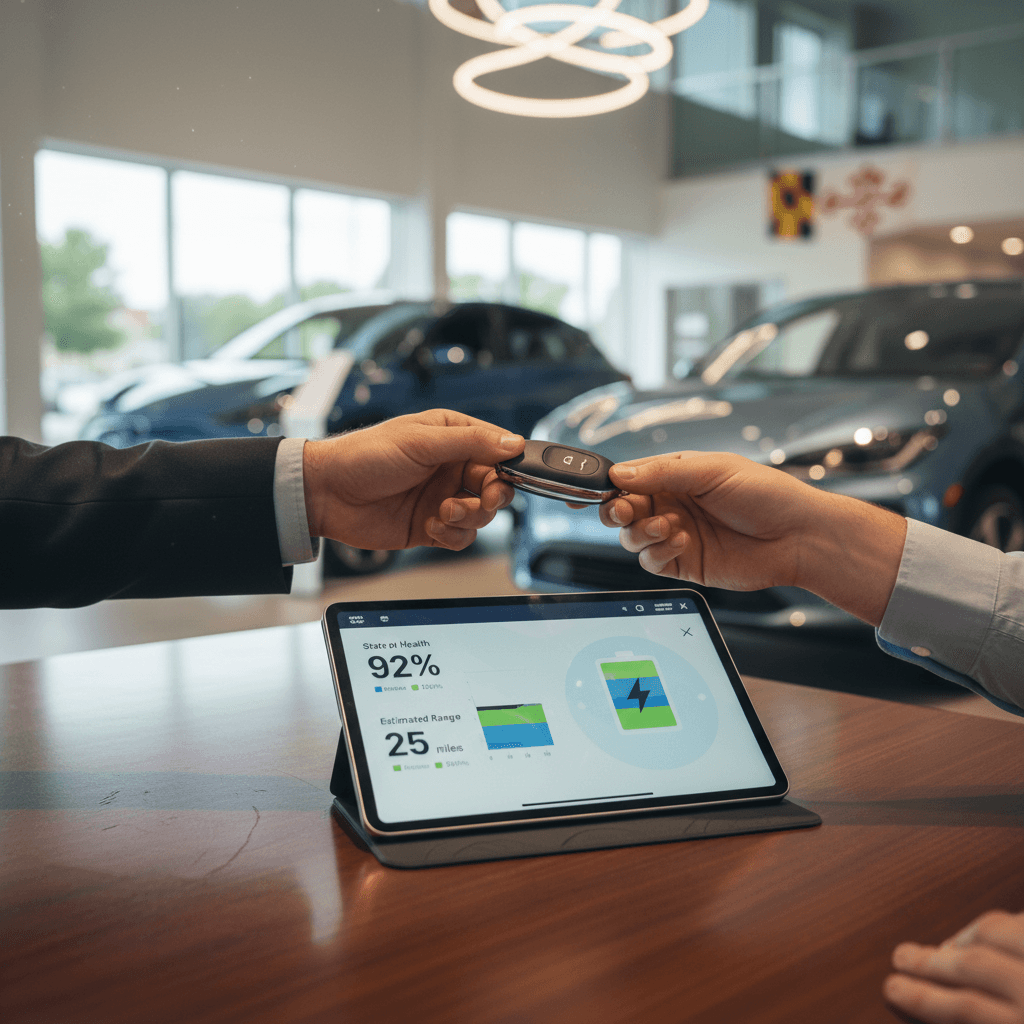 Customer selling a used electric car while an advisor shows a digital battery health and pricing report on a tablet